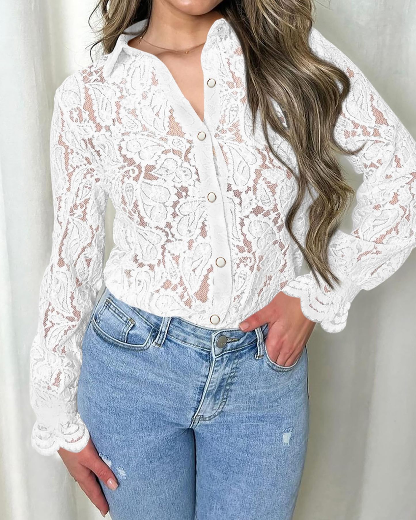 Women's Lace Blouses Long Sleeve Button Down Shirt(Buy 2 Free Shipping)