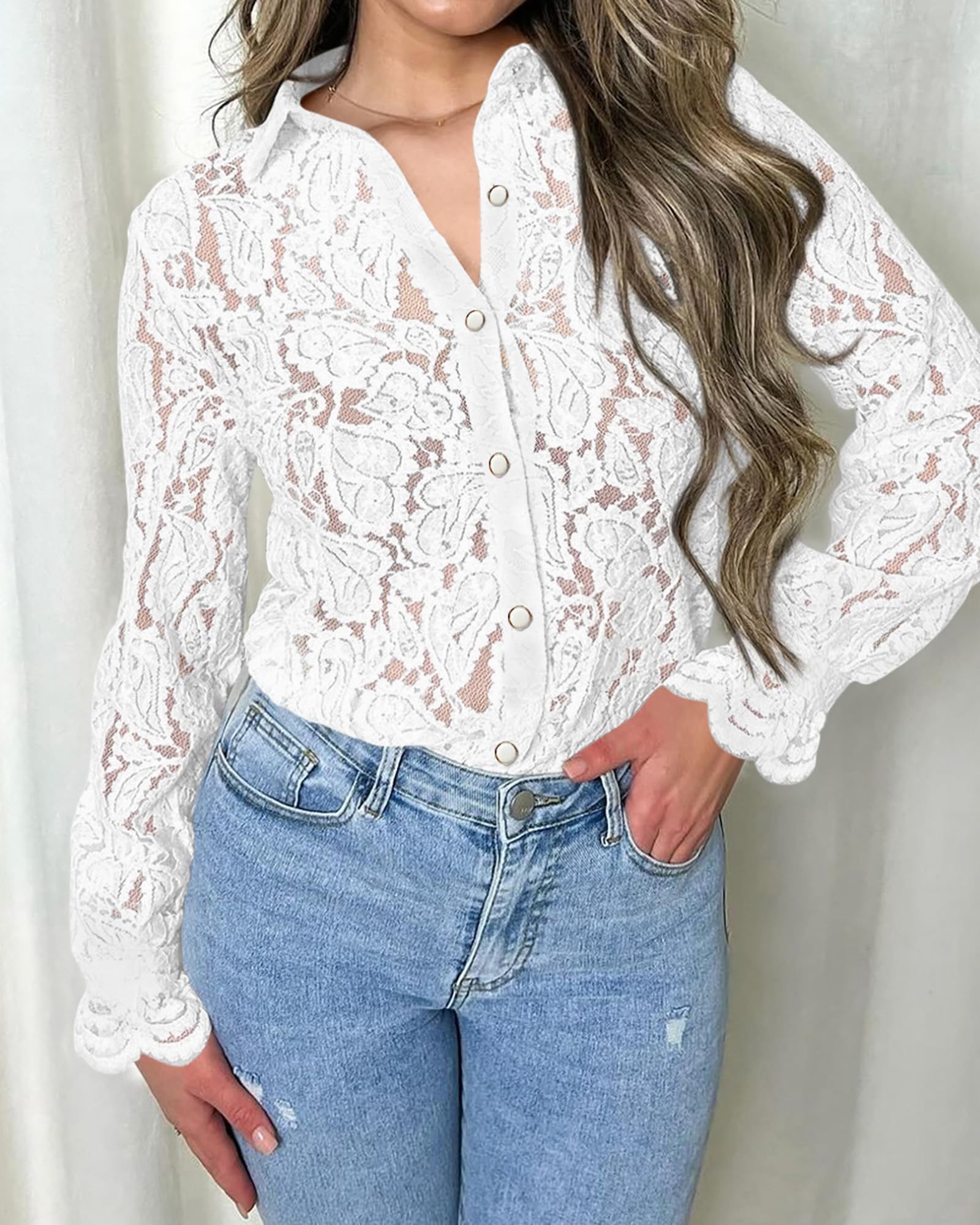Women's Lace Blouses Long Sleeve Button Down Shirt(Buy 2 Free Shipping)