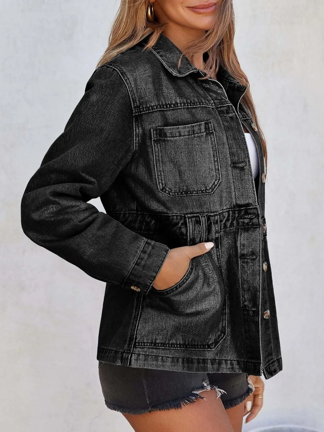 Women Distressed Jean Jacket Button Down Oversized Shacket with Pockets