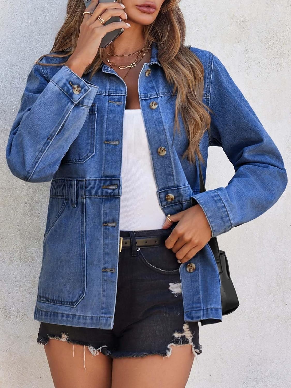 Women Distressed Jean Jacket Button Down Oversized Shacket with Pockets