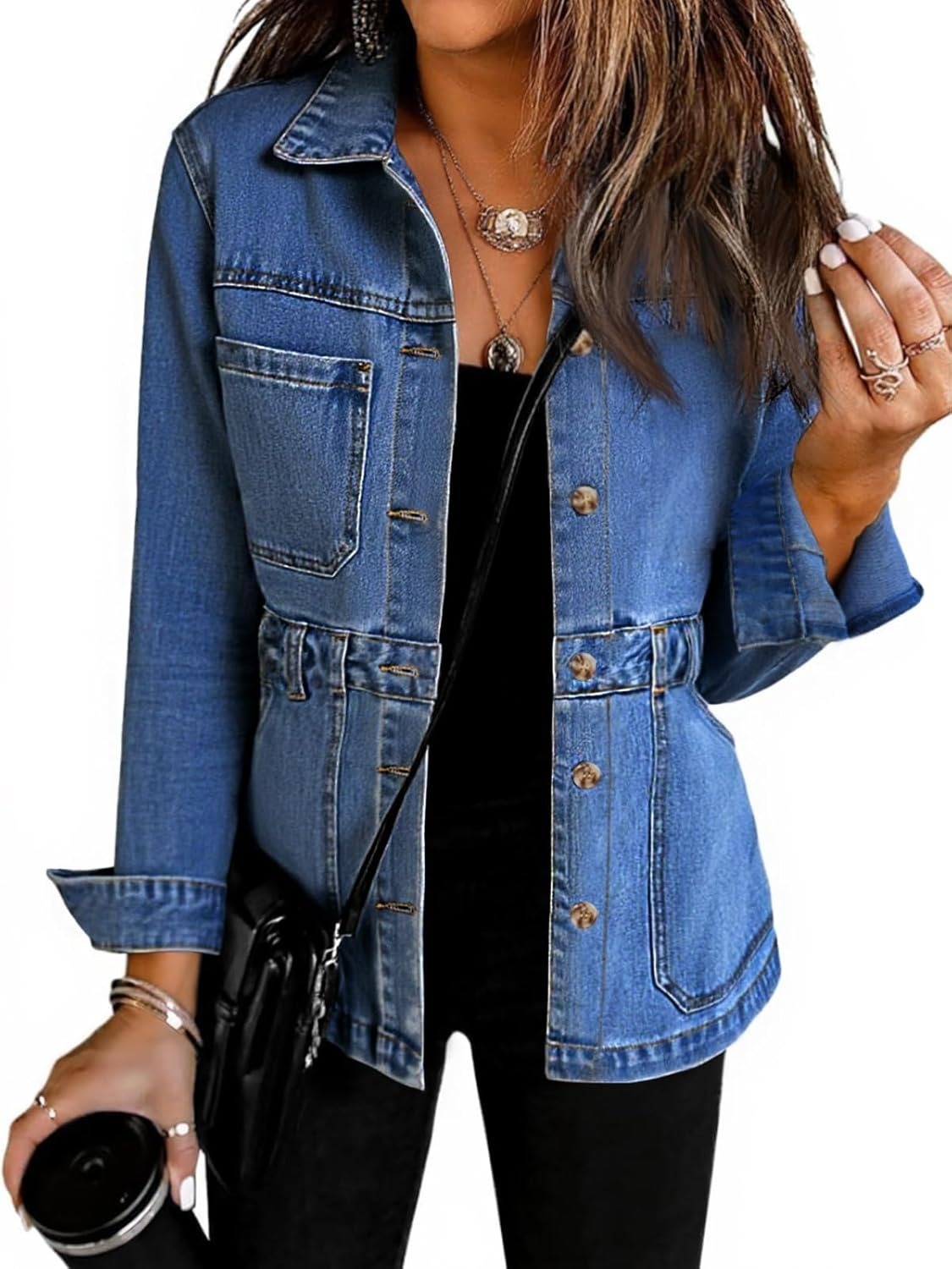 Women Distressed Jean Jacket Button Down Oversized Shacket with Pockets