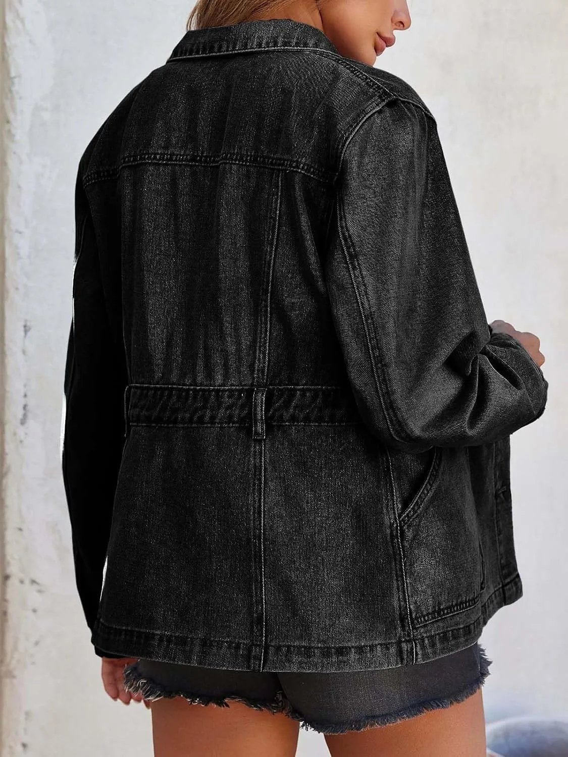 Women Distressed Jean Jacket Button Down Oversized Shacket with Pockets