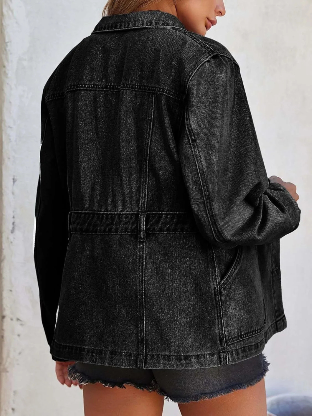 Women Distressed Jean Jacket Button Down Oversized Shacket with Pockets