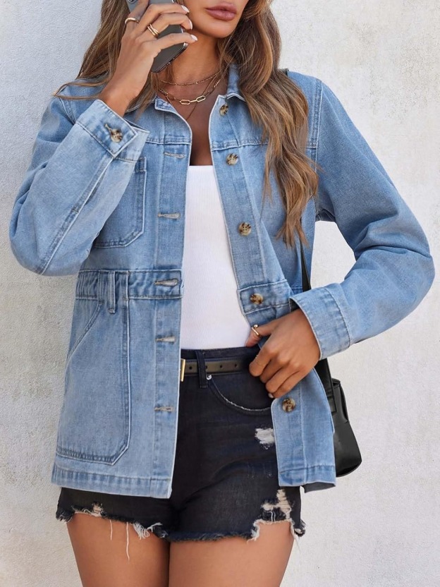 Women Distressed Jean Jacket Button Down Oversized Shacket with Pockets