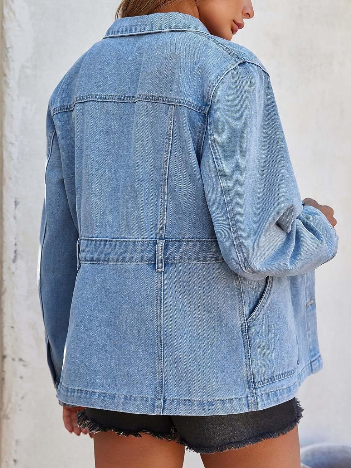 Women Distressed Jean Jacket Button Down Oversized Shacket with Pockets