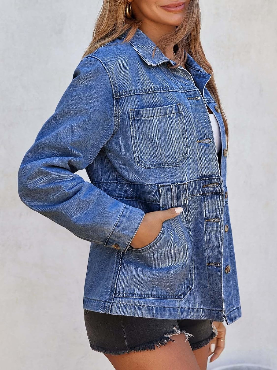 Women Distressed Jean Jacket Button Down Oversized Shacket with Pockets