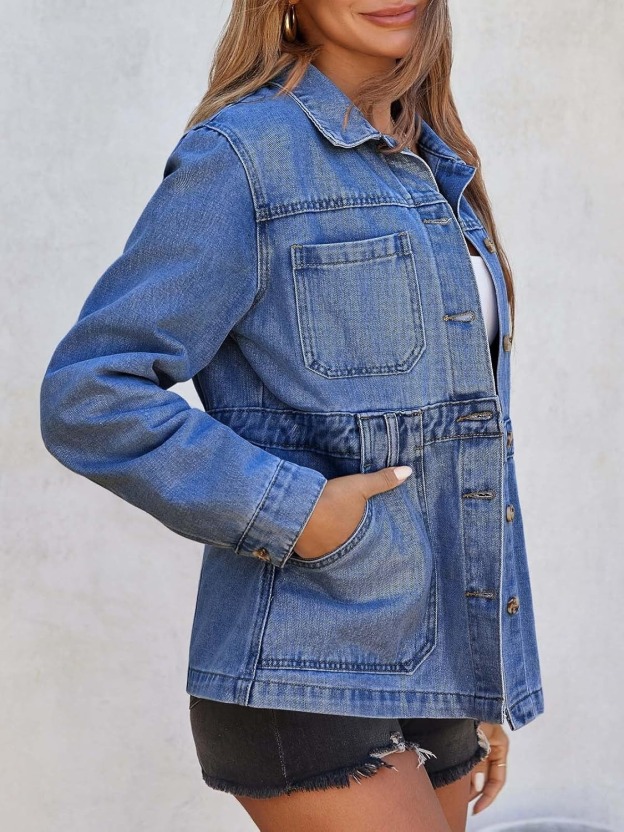 Women Distressed Jean Jacket Button Down Oversized Shacket with Pockets