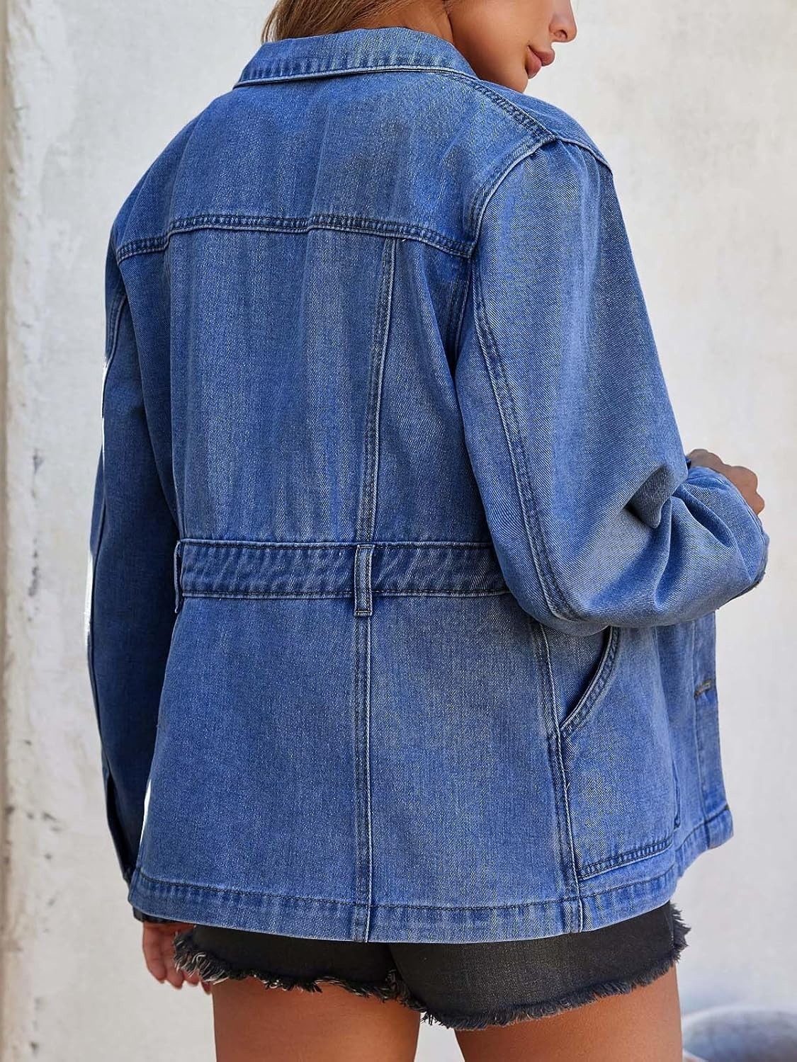 Women Distressed Jean Jacket Button Down Oversized Shacket with Pockets