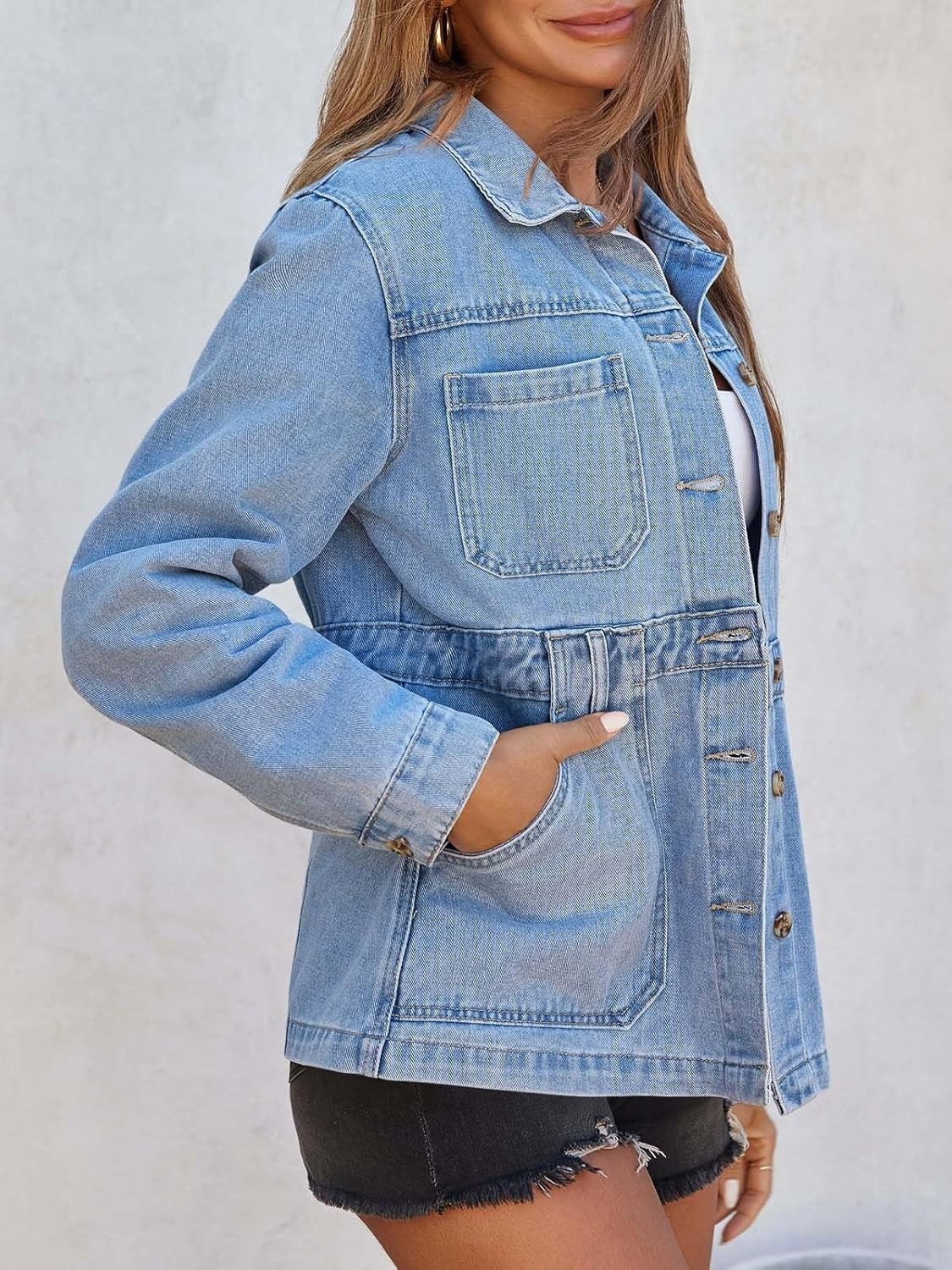 Women Distressed Jean Jacket Button Down Oversized Shacket with Pockets