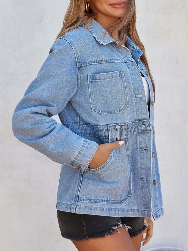 Women Distressed Jean Jacket Button Down Oversized Shacket with Pockets