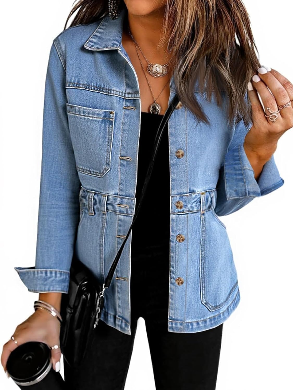 Women Distressed Jean Jacket Button Down Oversized Shacket with Pocket
