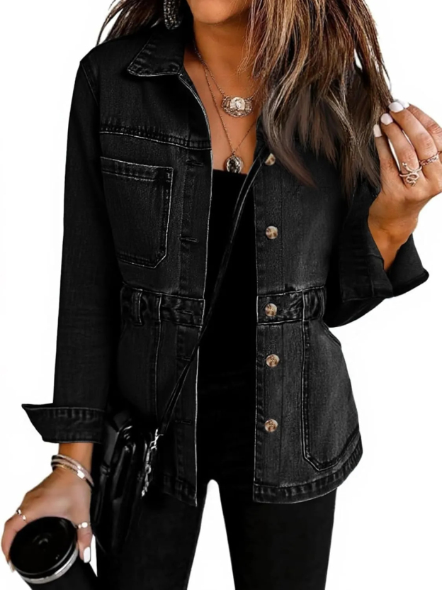 Women Distressed Jean Jacket Button Down Oversized Shacket with Pockets