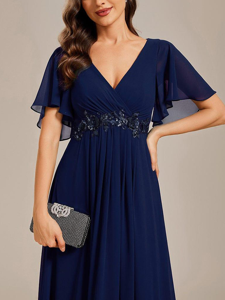 Flutter-Sleeve Appliqué A-Line Maxi Dress (Buy Two Free Shipping!!!)