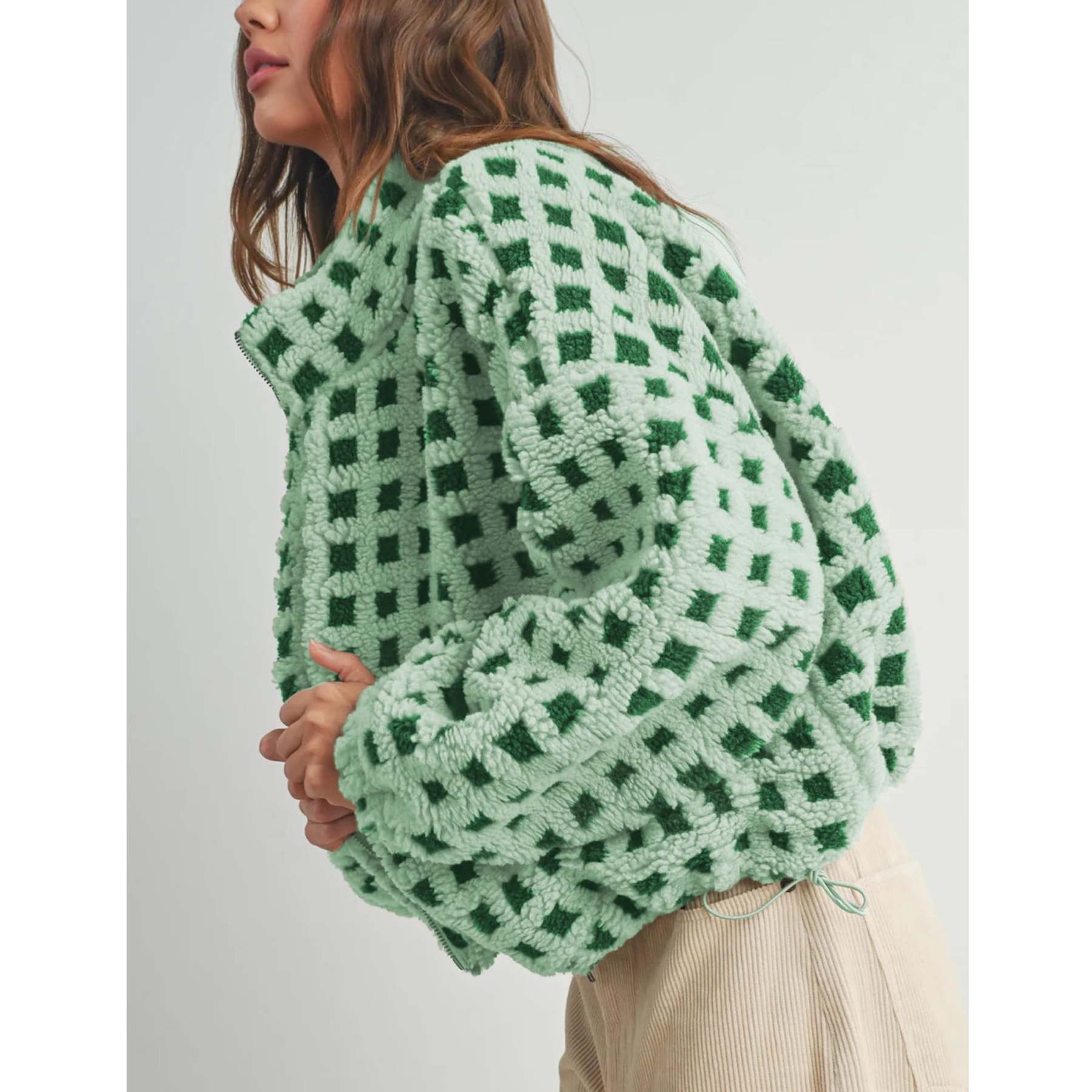 Women's Sherpa Checkered Fleece Jacket Long Sleeve Coat Warm Zip Up Plaid Outwear with Pocket