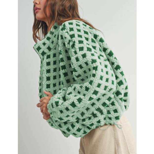 Women's Sherpa Checkered Fleece Jacket Long Sleeve Coat Warm Zip Up Plaid Outwear with Pocket