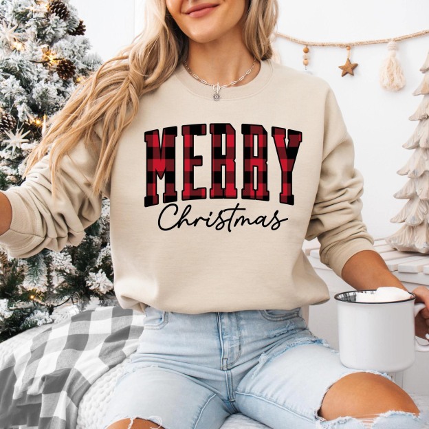 “Merry Christmas” Plaid Graphic Sweatshirt(Buy 2 Free Shipping)