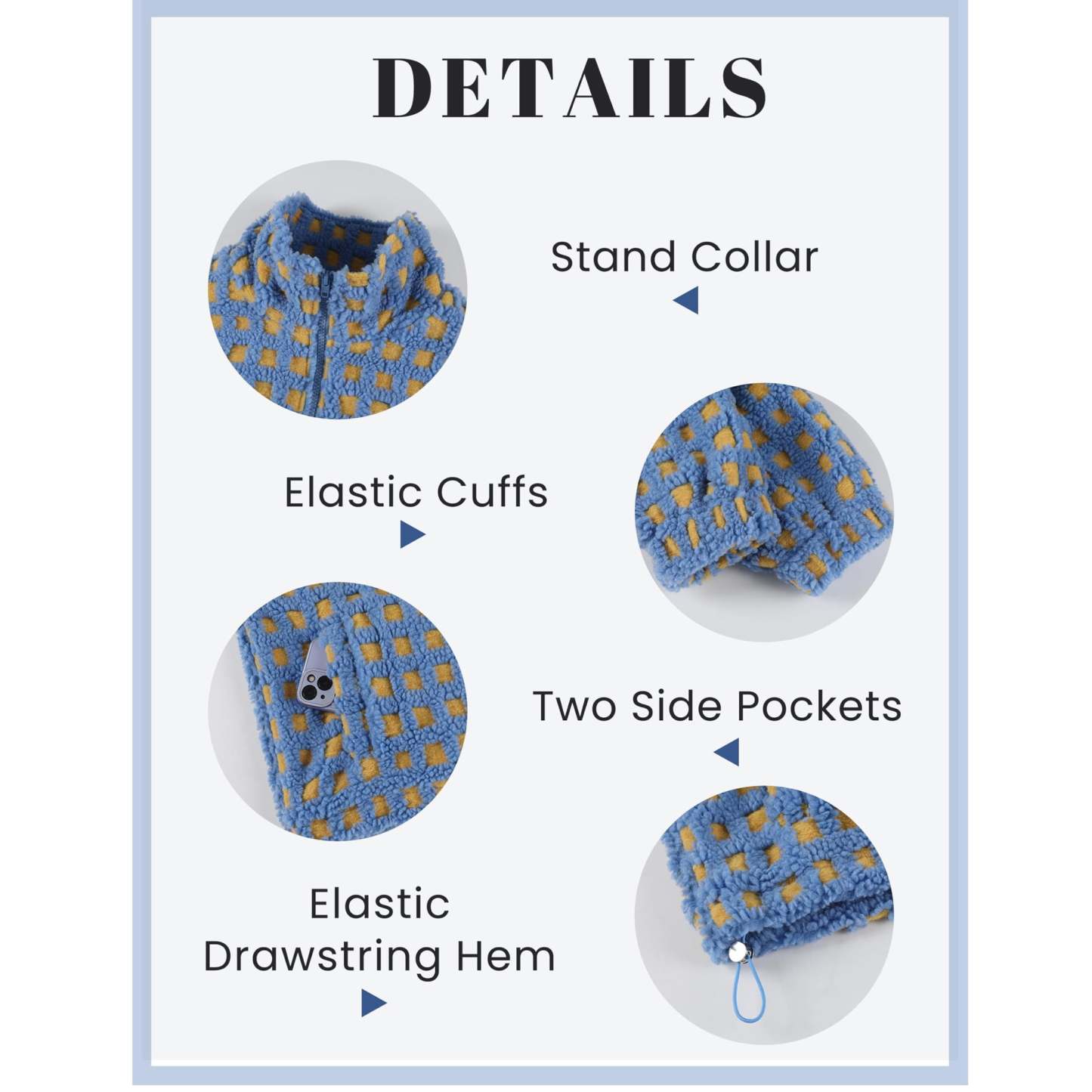 Women's Sherpa Checkered Fleece Jacket Long Sleeve Coat Warm Zip Up Plaid Outwear with Pocket