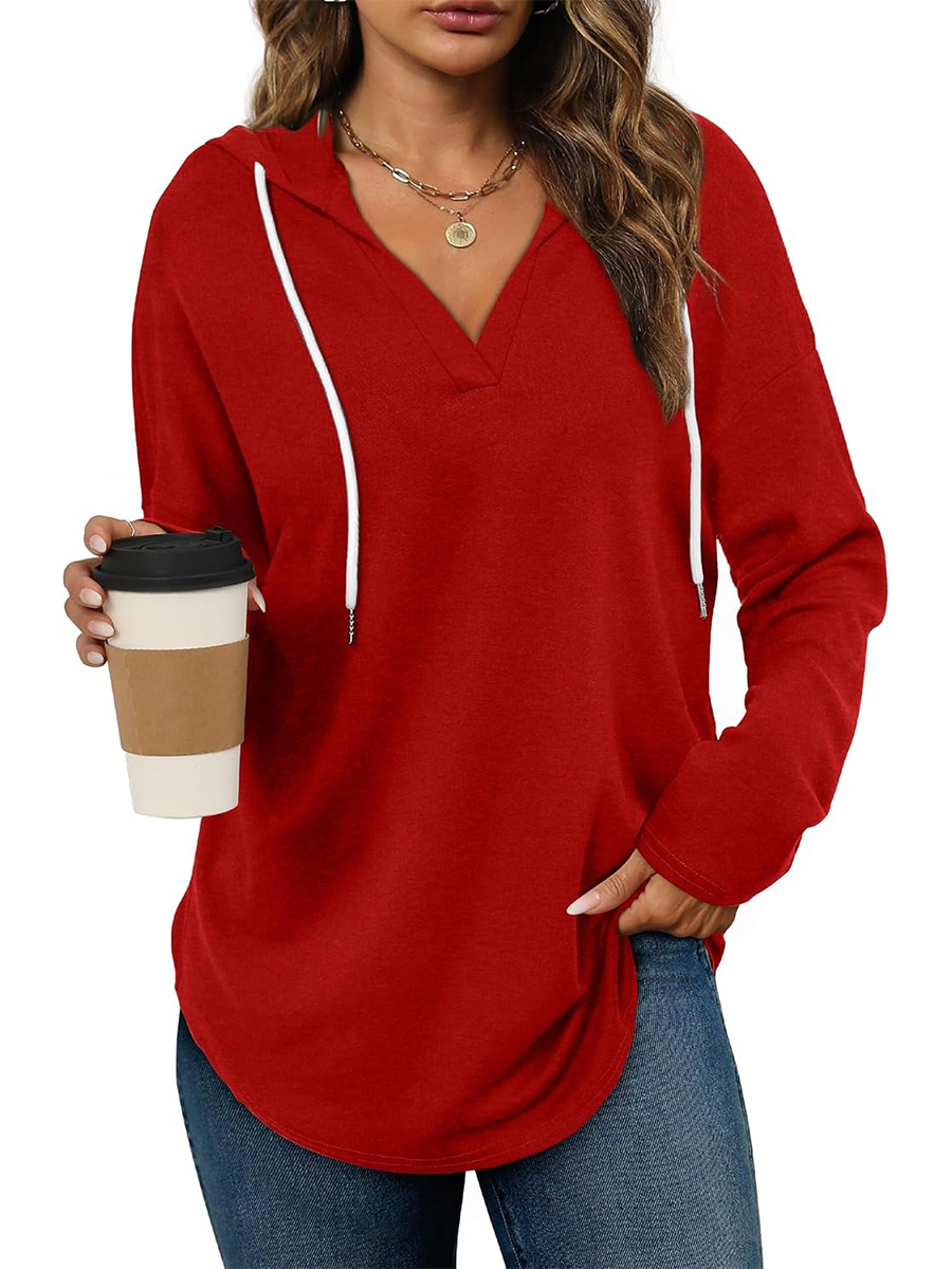 Women's Casual V Neck Long Sleeve Drawstring Hoodie Sweatshirts