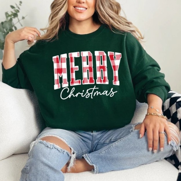 “Merry Christmas” Plaid Graphic Sweatshirt(Buy 2 Free Shipping)