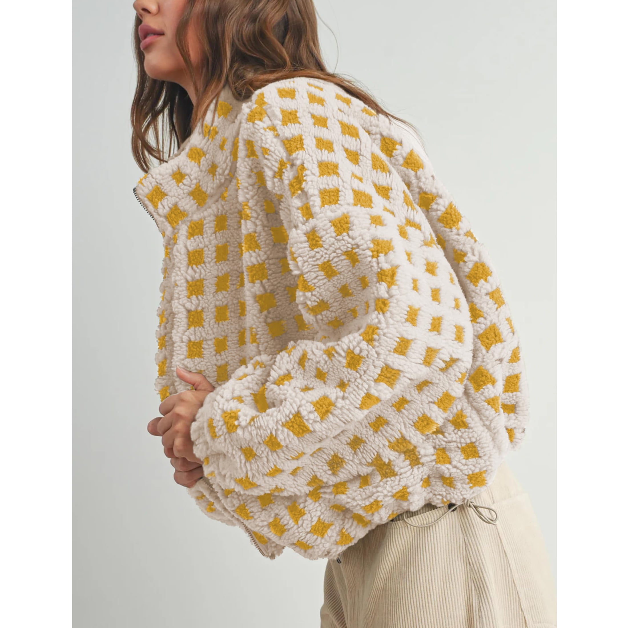 Women's Sherpa Checkered Fleece Jacket Long Sleeve Coat Warm Zip Up Plaid Outwear with Pocket