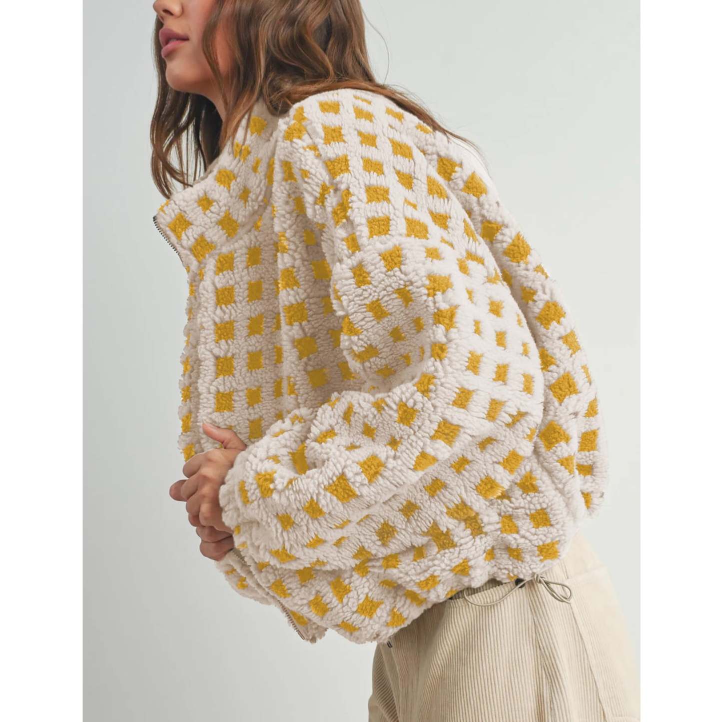 Women's Sherpa Checkered Fleece Jacket Long Sleeve Coat Warm Zip Up Plaid Outwear with Pocket