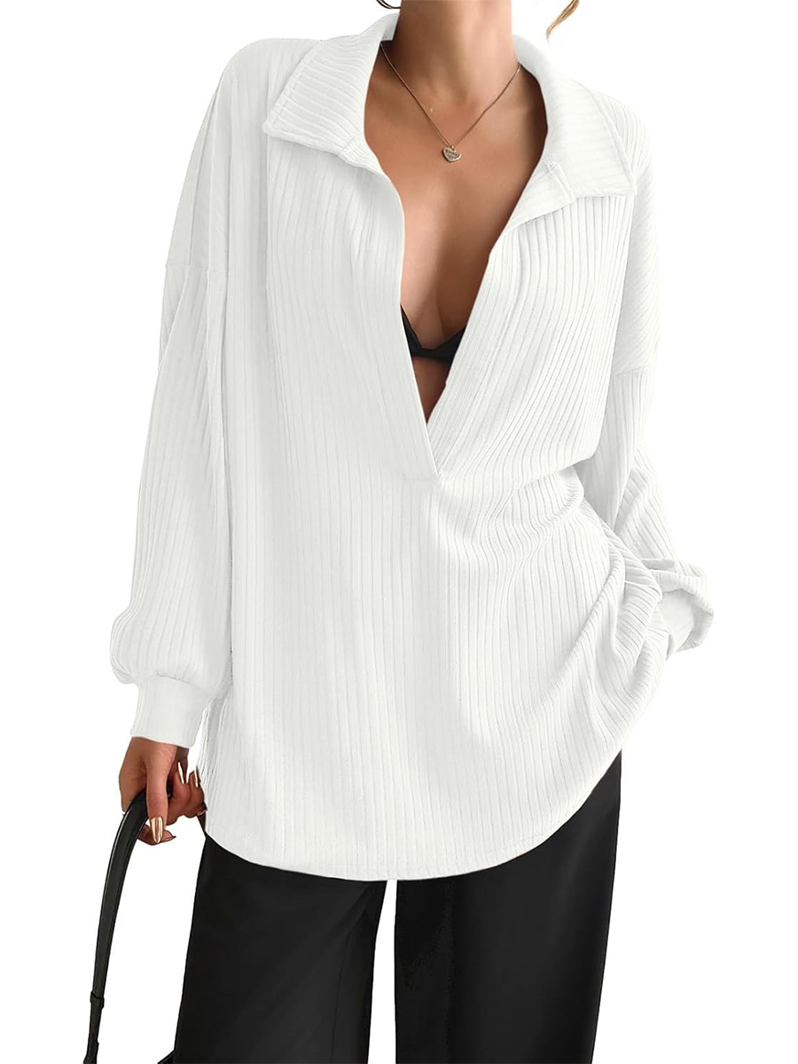 Womens Oversized Deep V Neck Sweatshirts Collared Long Sleeve Ribbed Knit Pullover Tops