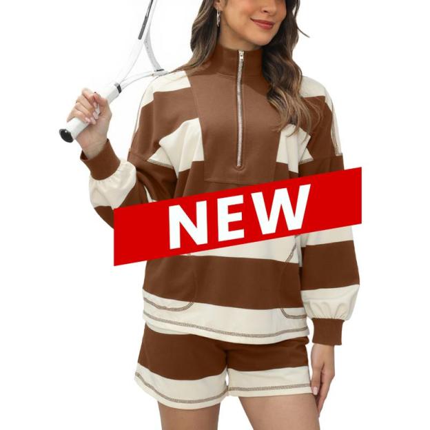 Women's Lounge Set 2 Piece Striped Long Sleeve Quarter Zip