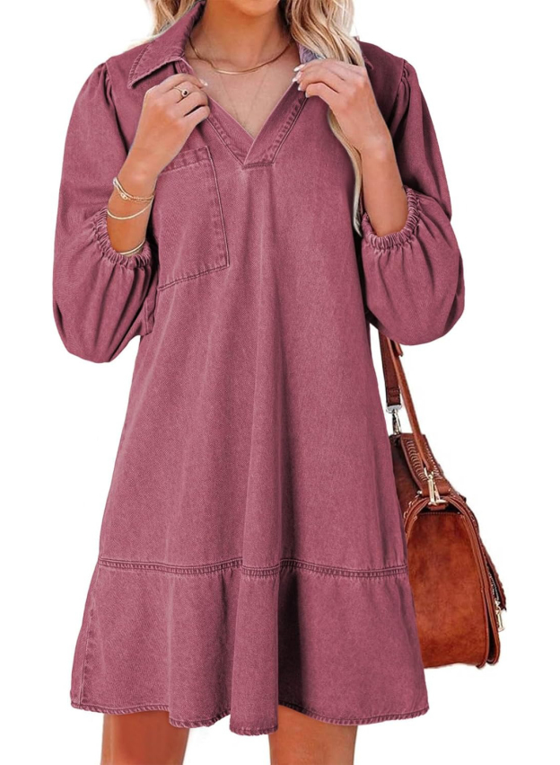 Women's V Neck 3/4 Puff Sleeve Denim Casual Dress