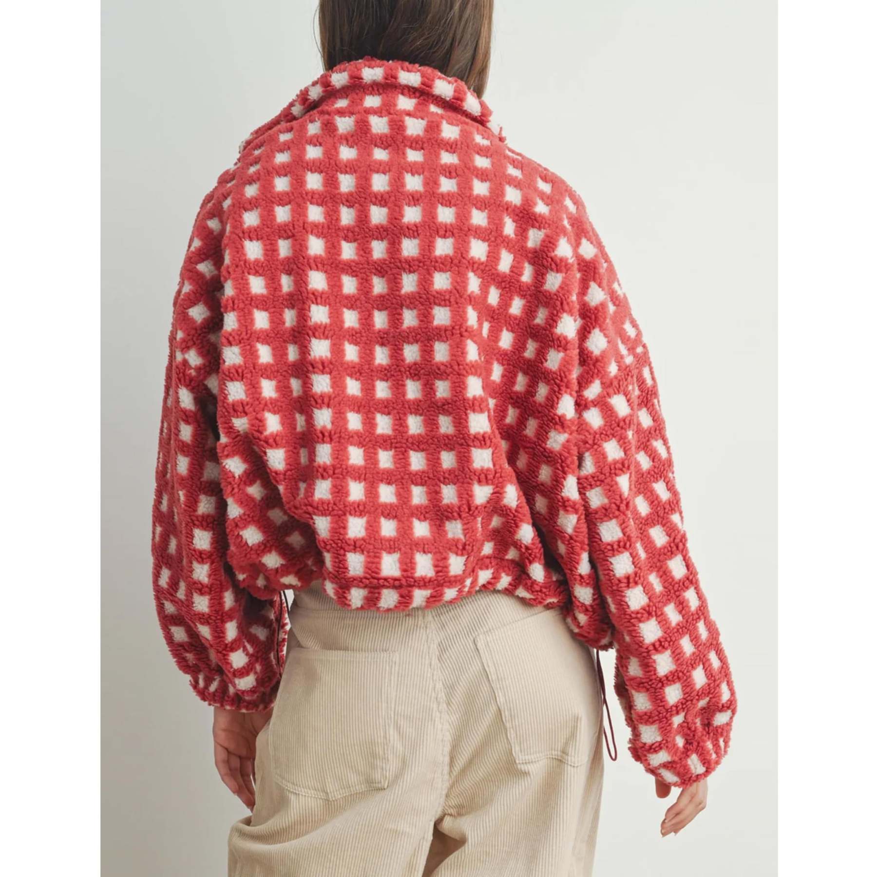 Women's Sherpa Checkered Fleece Jacket Long Sleeve Coat Warm Zip Up Plaid Outwear with Pocket