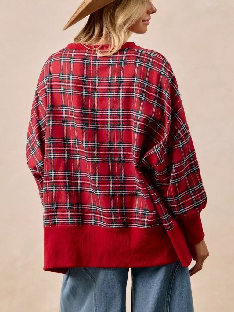 "MERRY" Fuzzy Letter Patches Christmas Plaid Sweatshirt