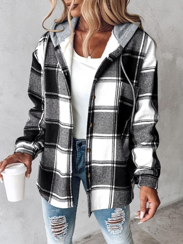 HOT SALE Women's Plaid Button Down Fleece Lined Hooded Jackets Warm Coat