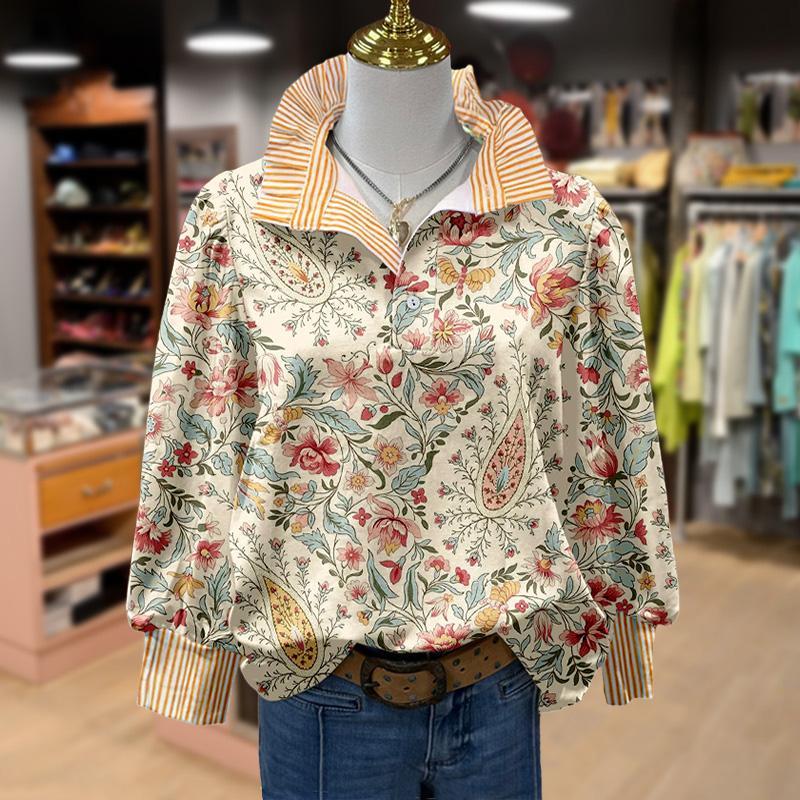 Vintage Floral Print Striped Collar Top(Buy 2 Free Shipping)