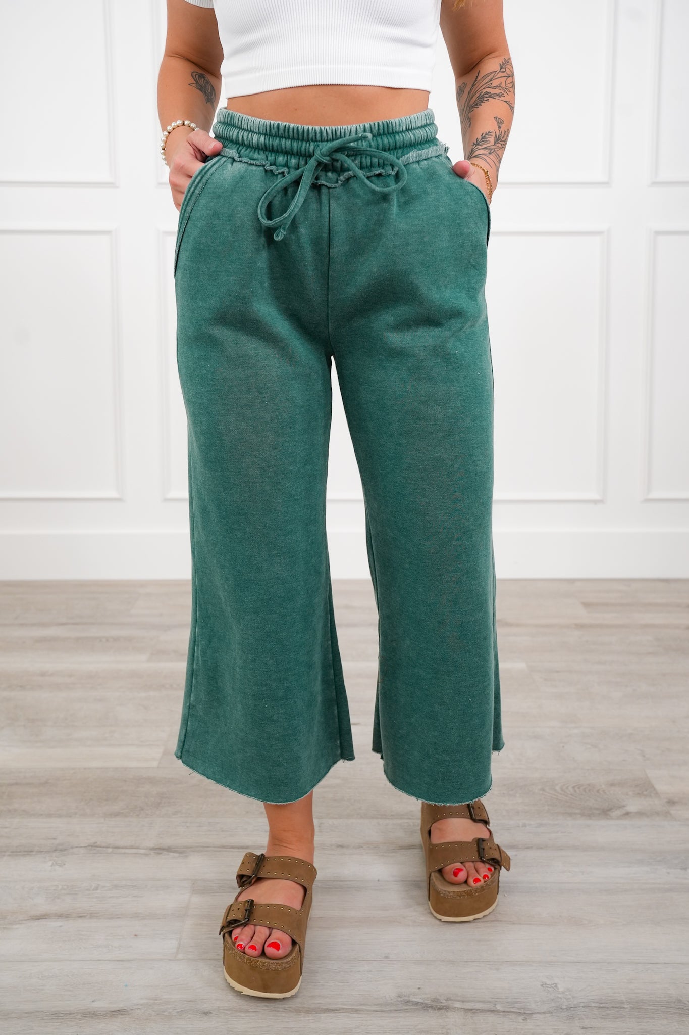 Acid Wash Fleece Palazzo Sweatpants with Pockets