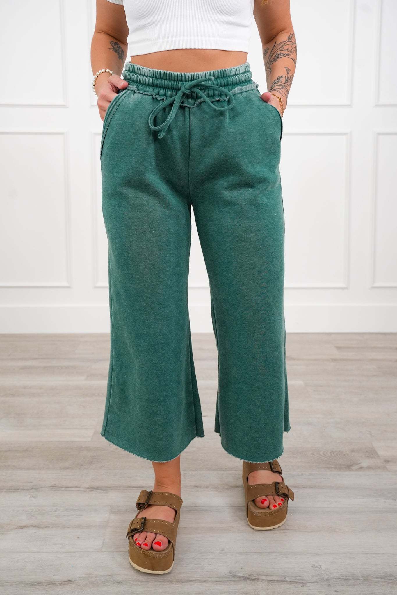 Acid Wash Fleece Palazzo Sweatpants with Pockets