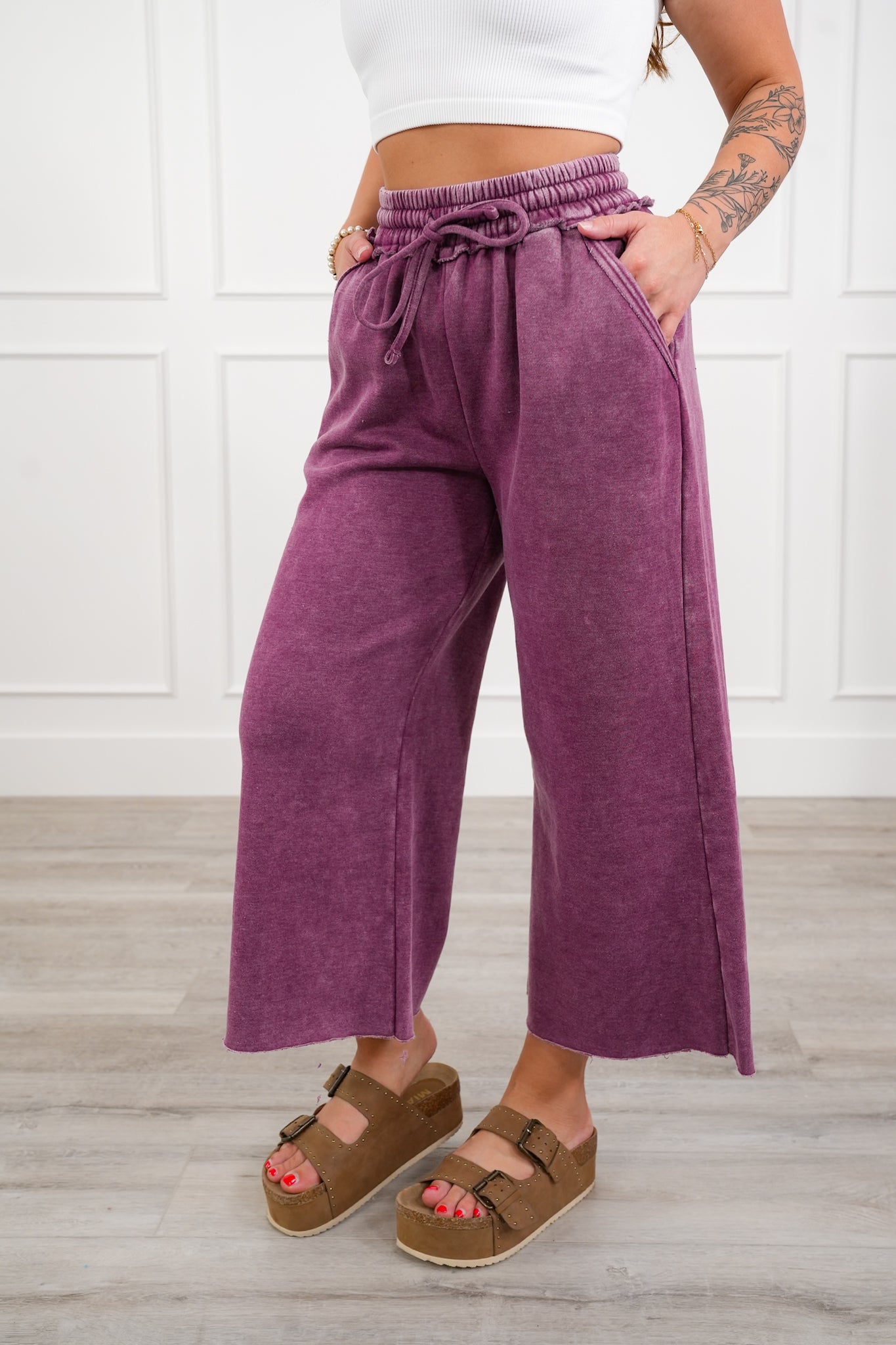 Acid Wash Fleece Palazzo Sweatpants with Pockets