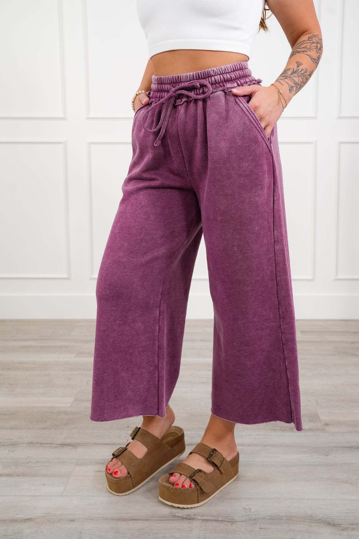 Acid Wash Fleece Palazzo Sweatpants with Pockets