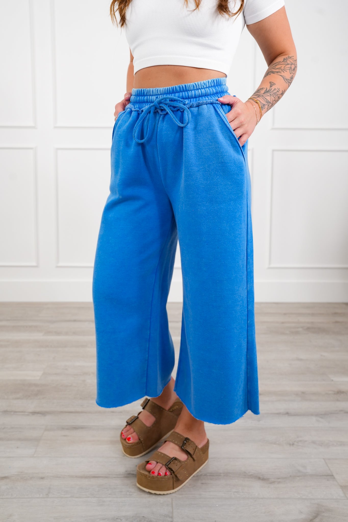 Acid Wash Fleece Palazzo Sweatpants with Pockets