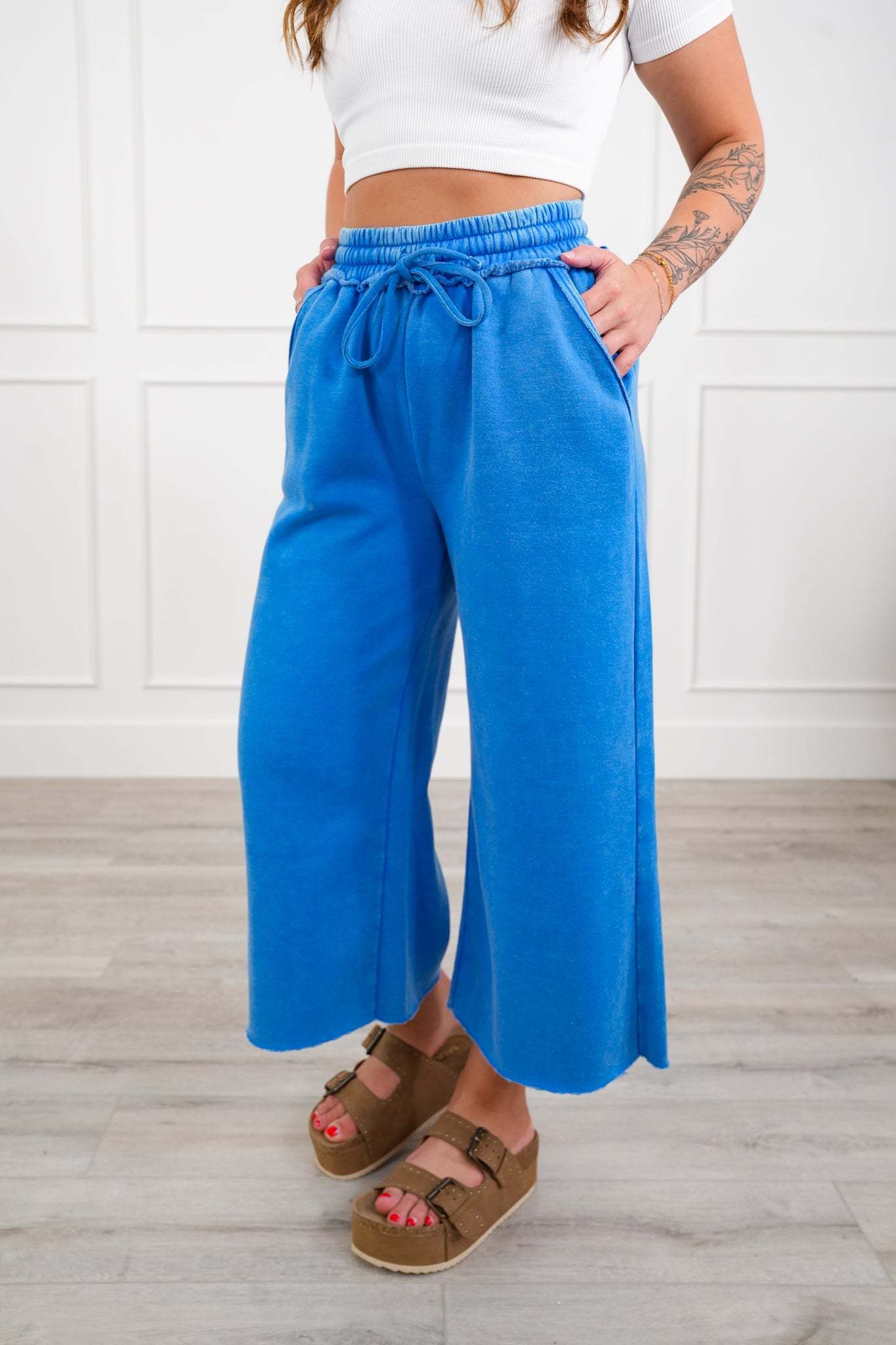 Acid Wash Fleece Palazzo Sweatpants with Pockets