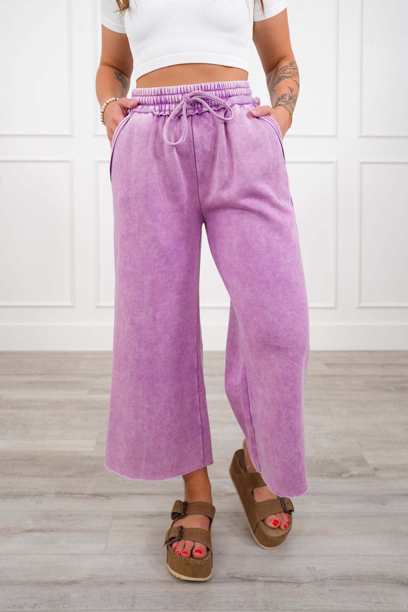 Acid Wash Fleece Palazzo Sweatpants with Pockets