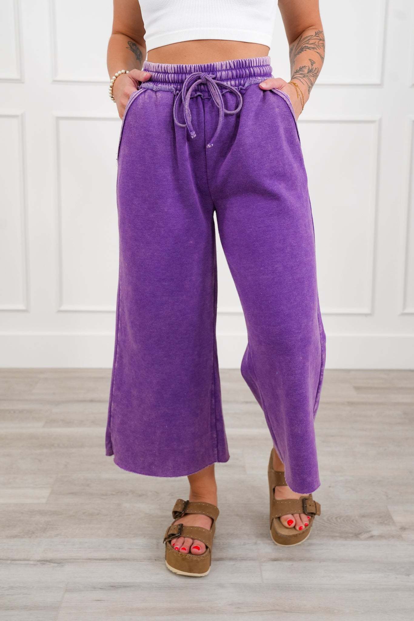 Acid Wash Fleece Palazzo Sweatpants with Pockets