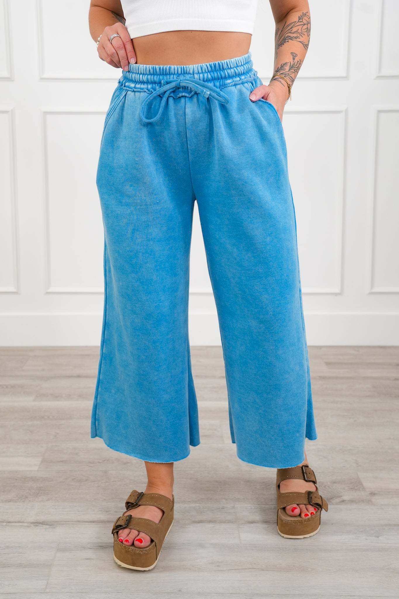 Acid Wash Fleece Palazzo Sweatpants with Pockets