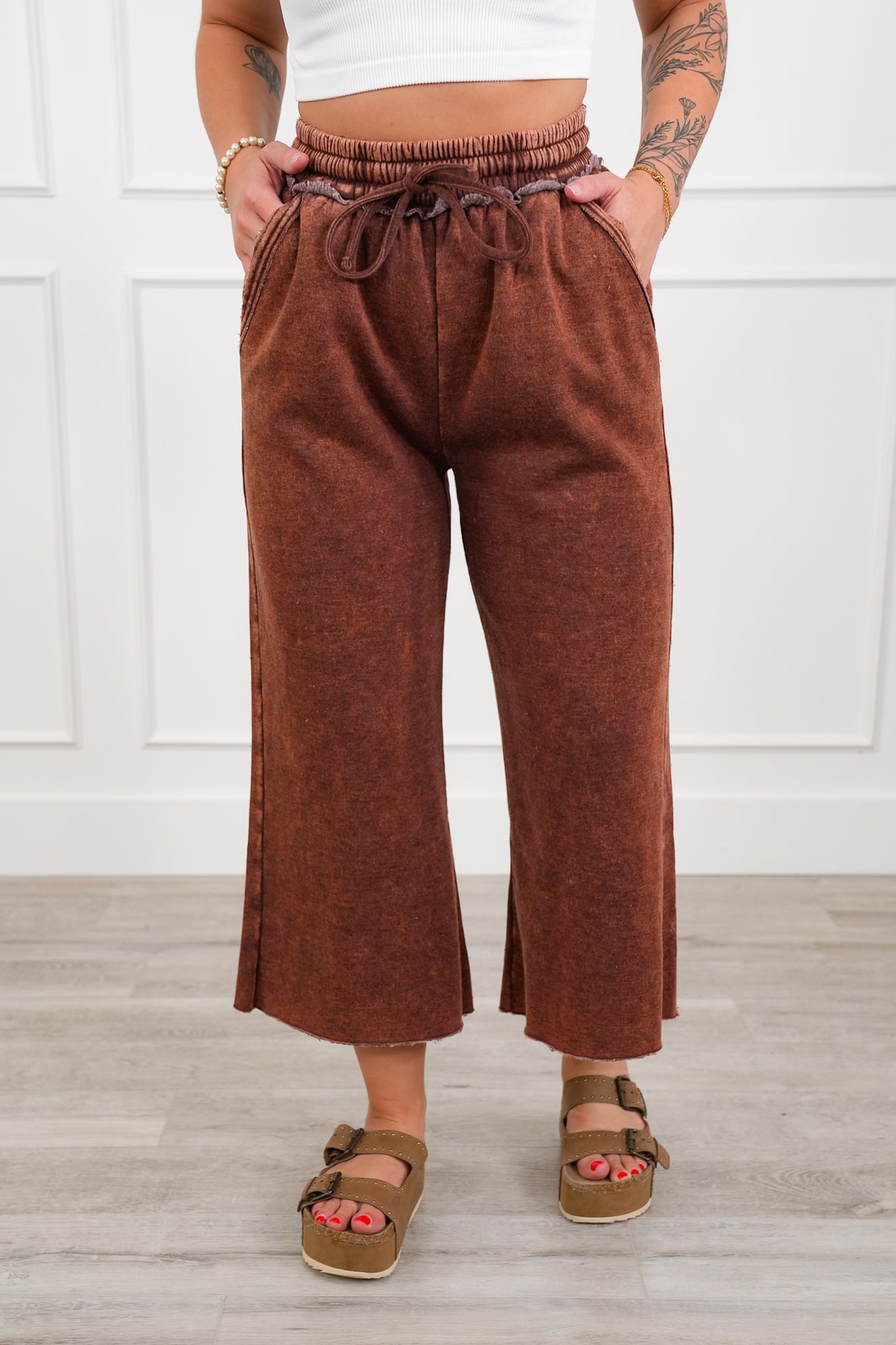 Acid Wash Fleece Palazzo Sweatpants with Pockets