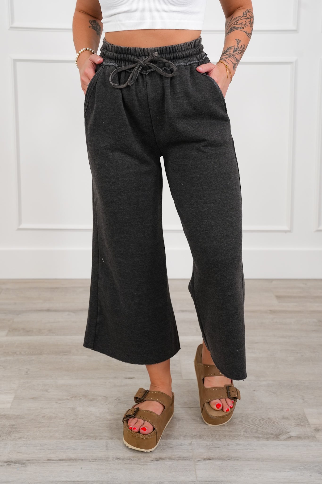 Acid Wash Fleece Palazzo Sweatpants with Pockets