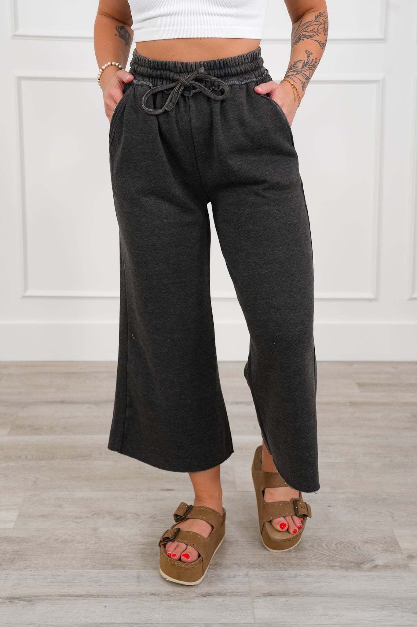 Acid Wash Fleece Palazzo Sweatpants with Pockets