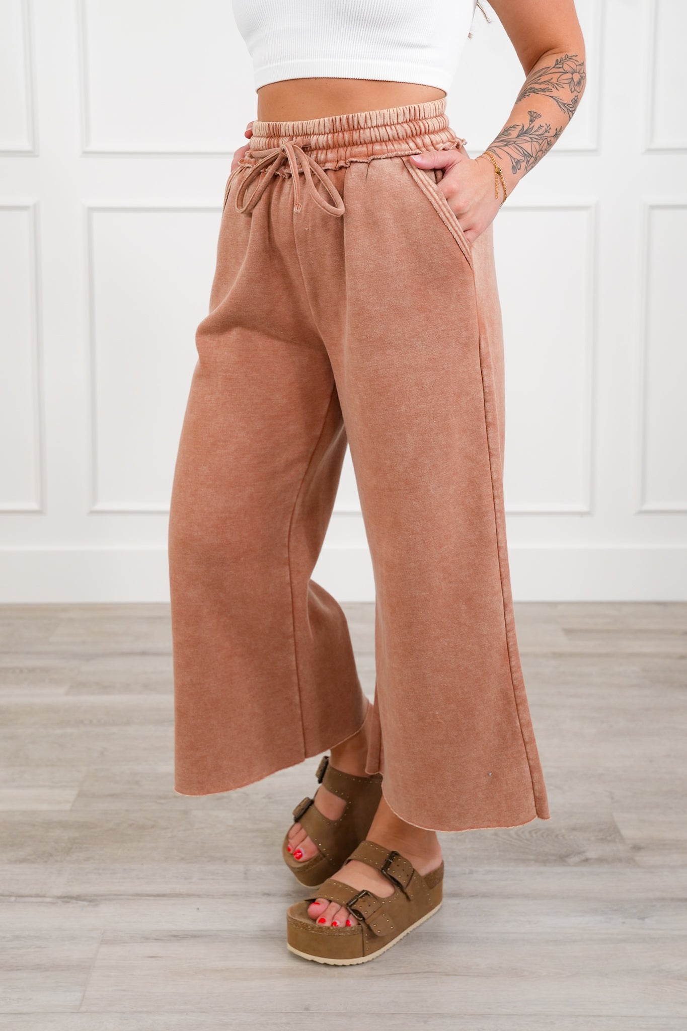 Acid Wash Fleece Palazzo Sweatpants with Pockets
