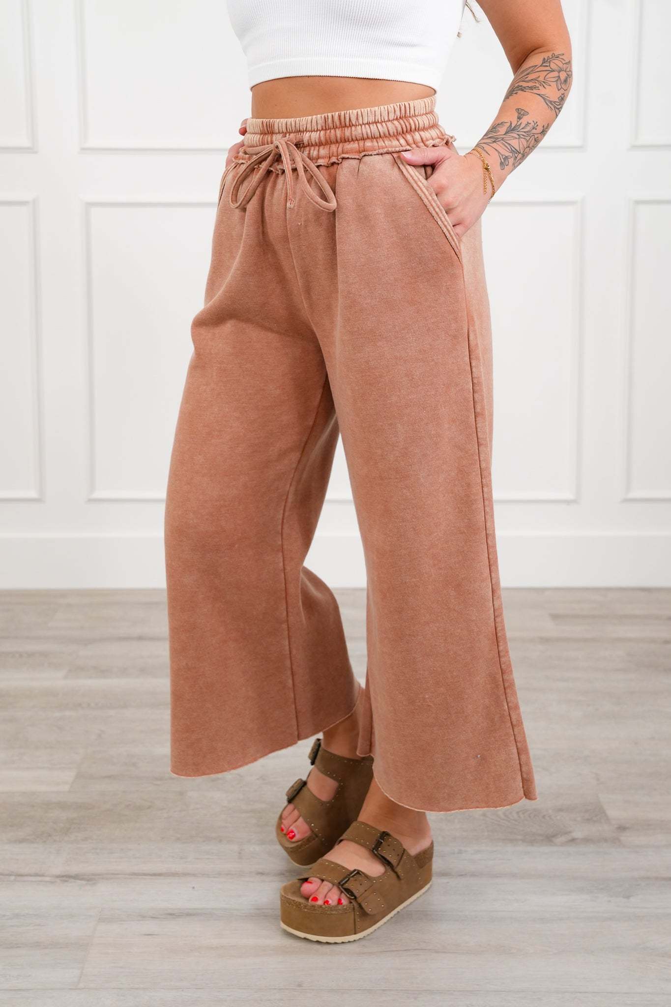 Acid Wash Fleece Palazzo Sweatpants with Pockets