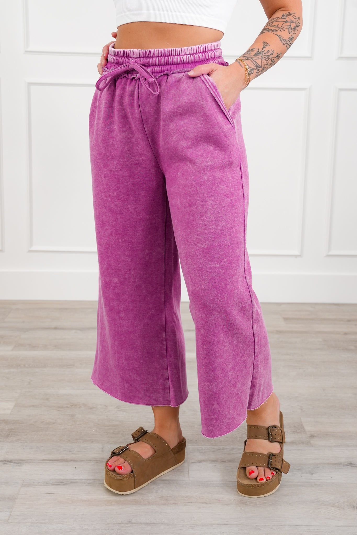 Acid Wash Fleece Palazzo Sweatpants with Pockets