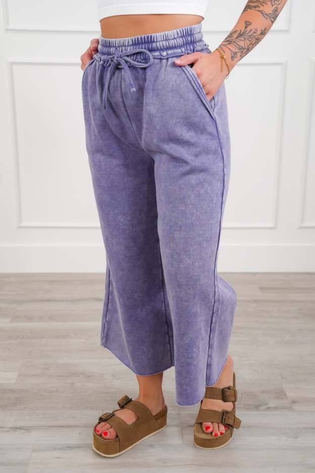 Acid Wash Fleece Palazzo Sweatpants with Pockets