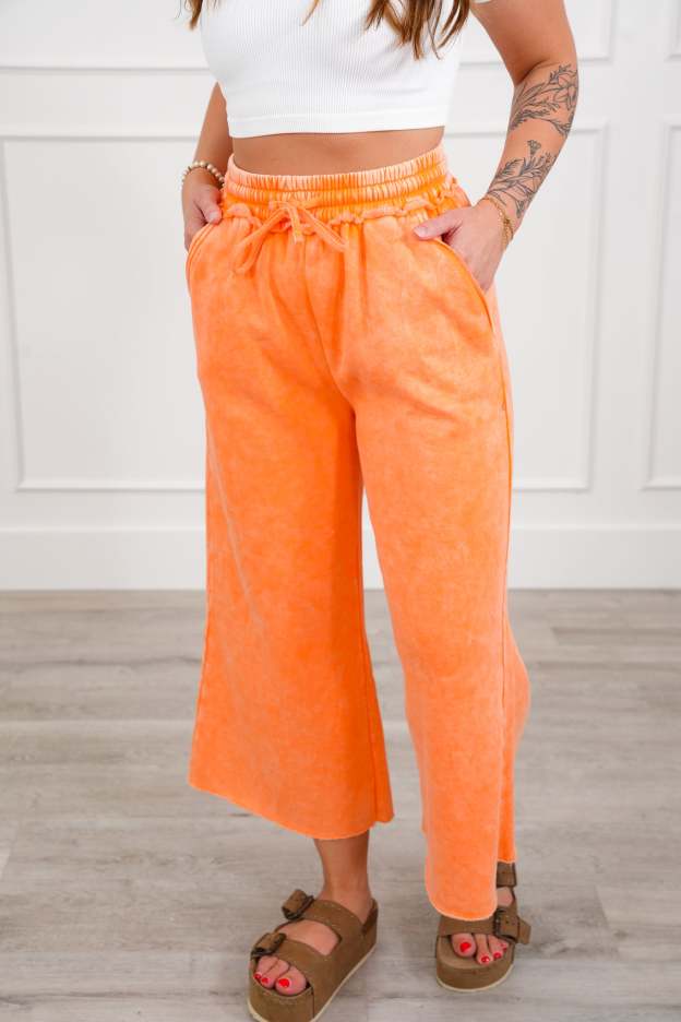 Acid Wash Fleece Palazzo Sweatpants with Pockets