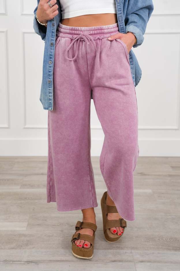 Acid Wash Fleece Palazzo Sweatpants with Pockets